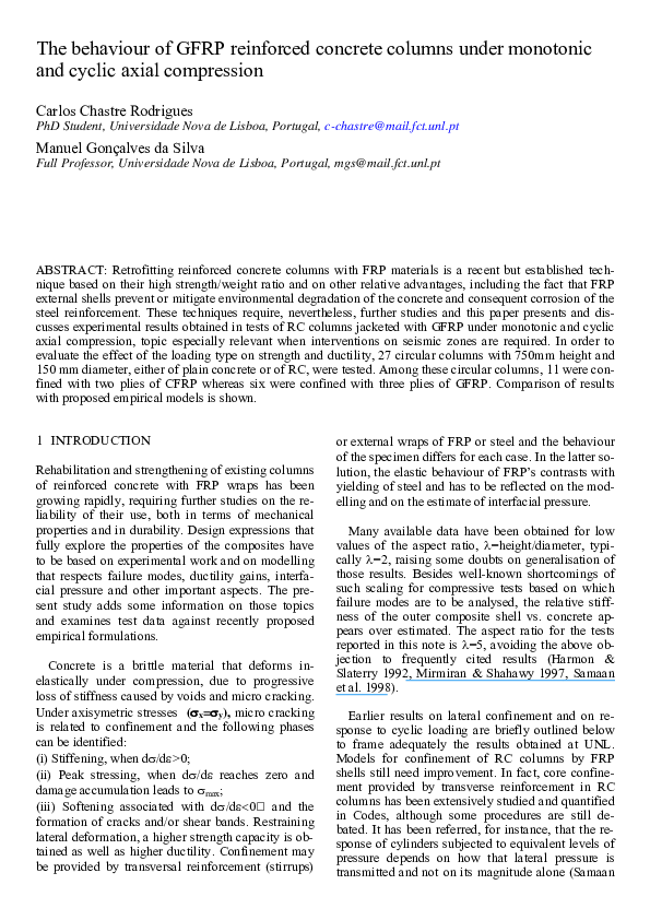 (PDF) Behaviour of GFRP reinforced concrete columns under monotonic and ...