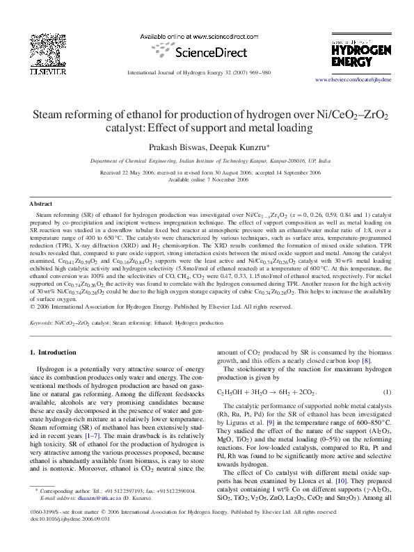 (PDF) Steam reforming of ethanol for production of hydrogen over Ni ...