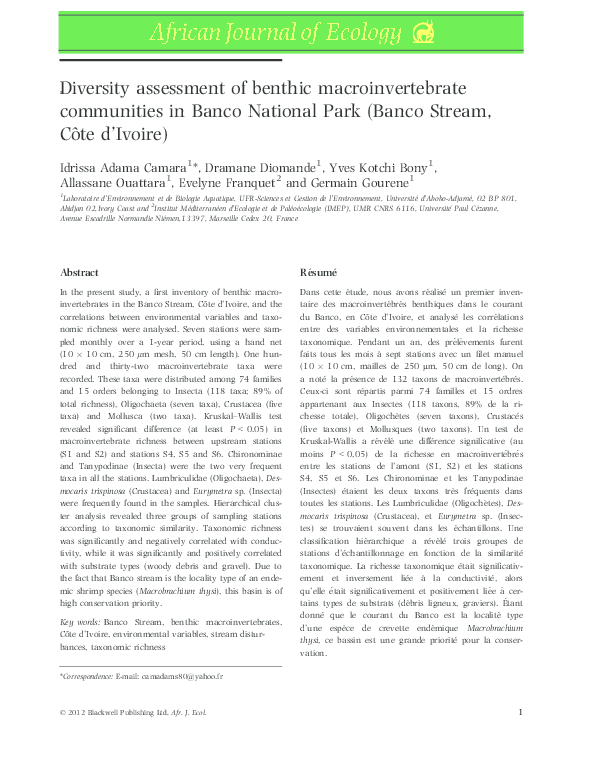 (PDF) Diversity assessment of benthic macroinvertebrate communities in ...