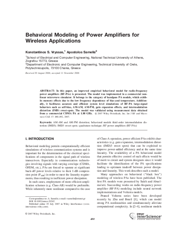 (PDF) Behavioral modeling of power amplifiers for wireless applications