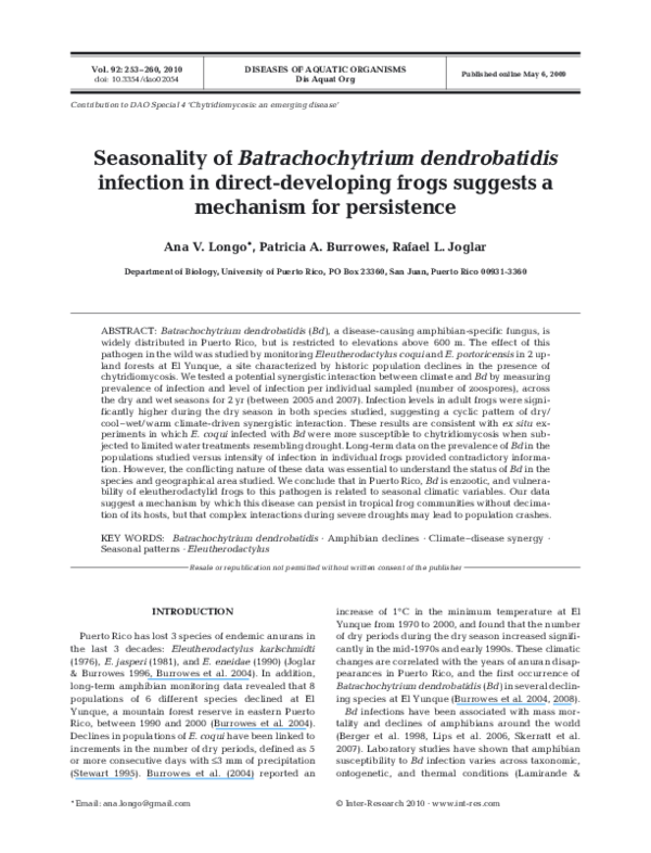 (PDF) Seasonality of Batrachochytrium dendrobatidis infection in direct ...