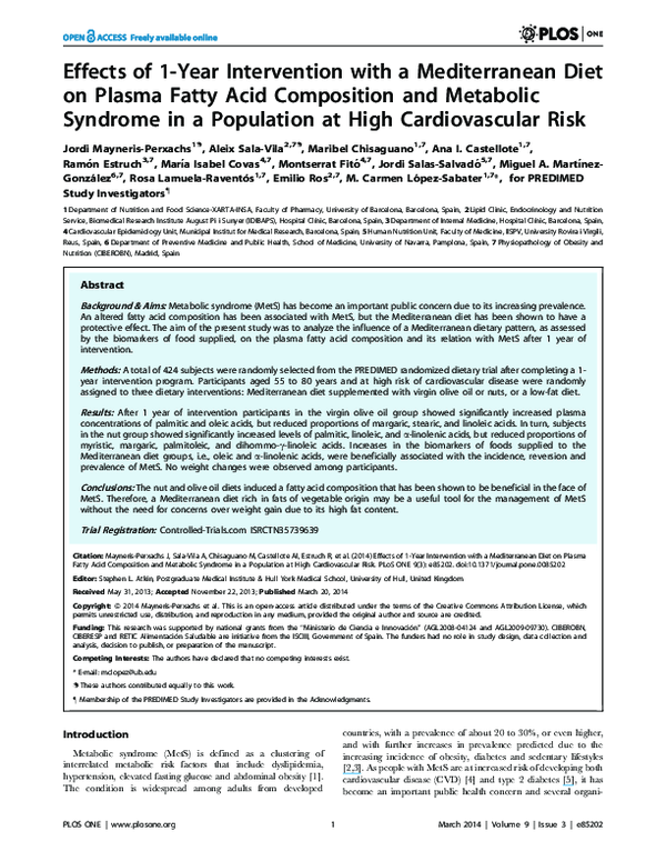 (PDF) Effects of 1-Year Intervention with a Mediterranean Diet on ...