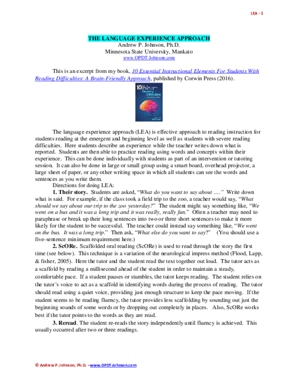 (PDF) READING INSTRUCTION: THE LANGUAGE EXPERIENCE APPROACH