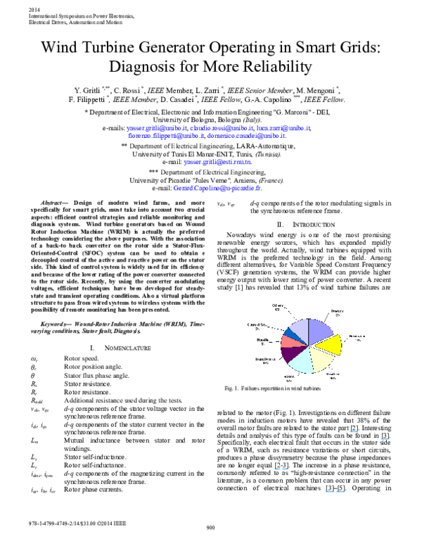 (PDF) Wind turbine generator operating in smart grids Diagnosis for more reliability Gerard