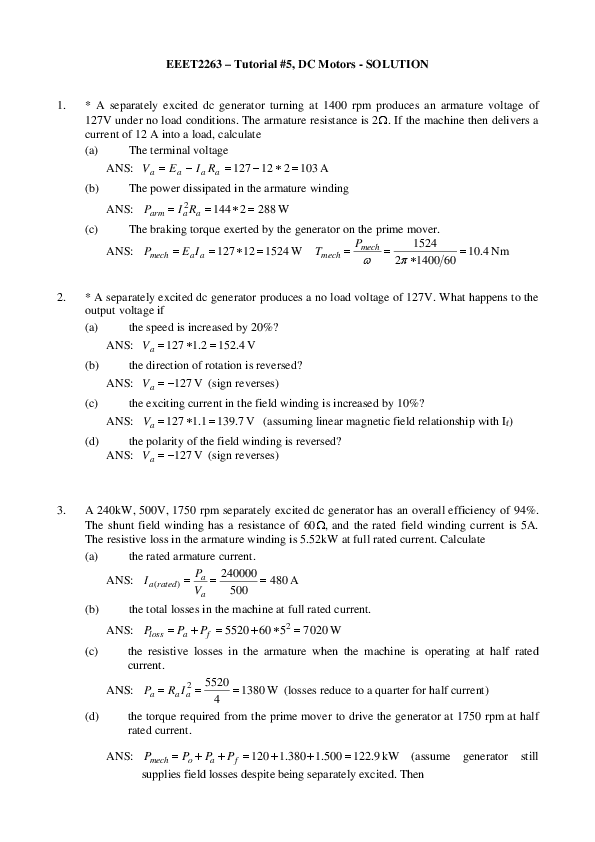 Separately Excited Dc Motor Problems