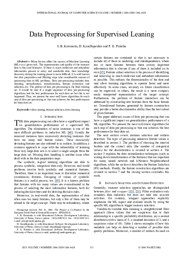 (PDF) Data preprocessing for supervised leaning