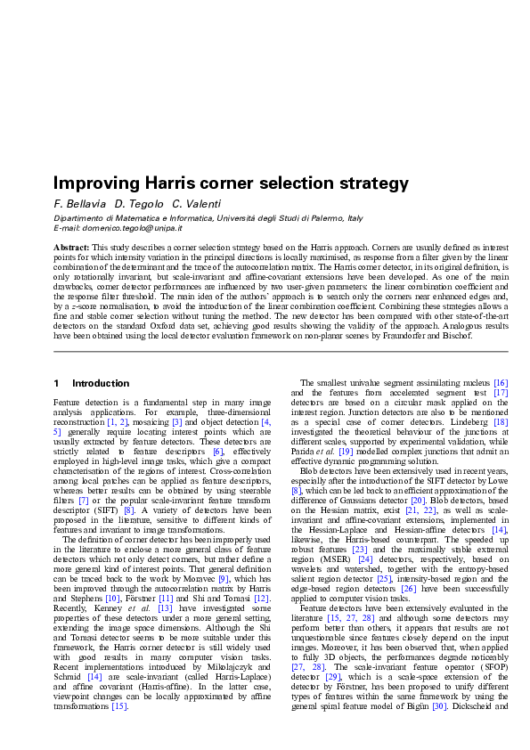 (PDF) Improving Harris corner selection strategy Domenico Tegolo Academia.edu