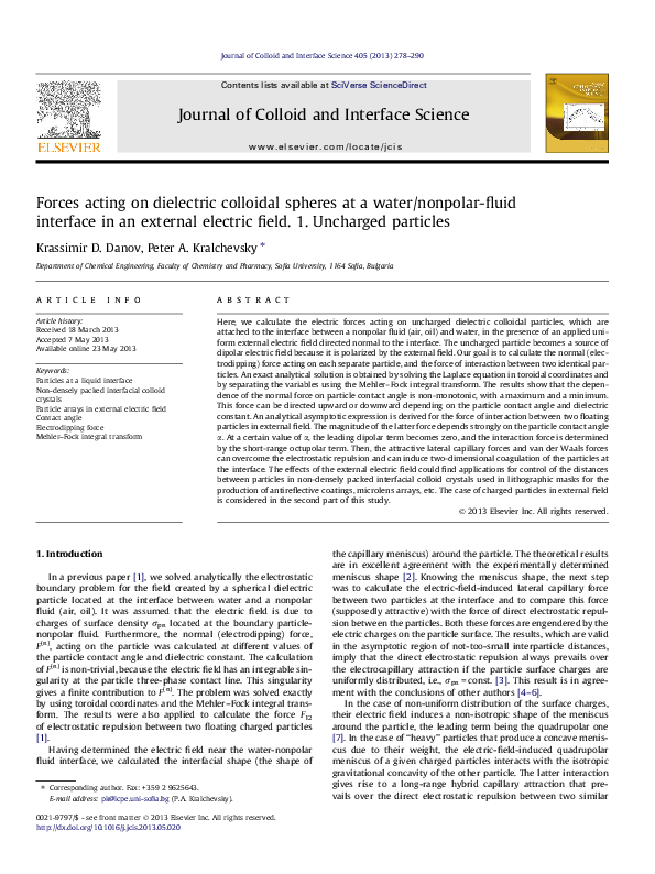 (PDF) Forces acting on dielectric colloidal spheres at a water/nonpolar ...