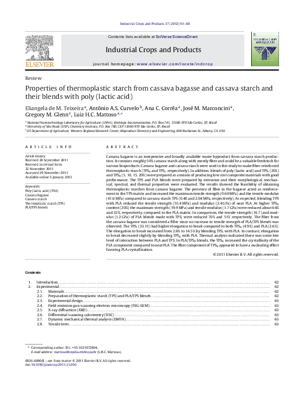 (PDF) Properties of thermoplastic starch from cassava bagasse and ...