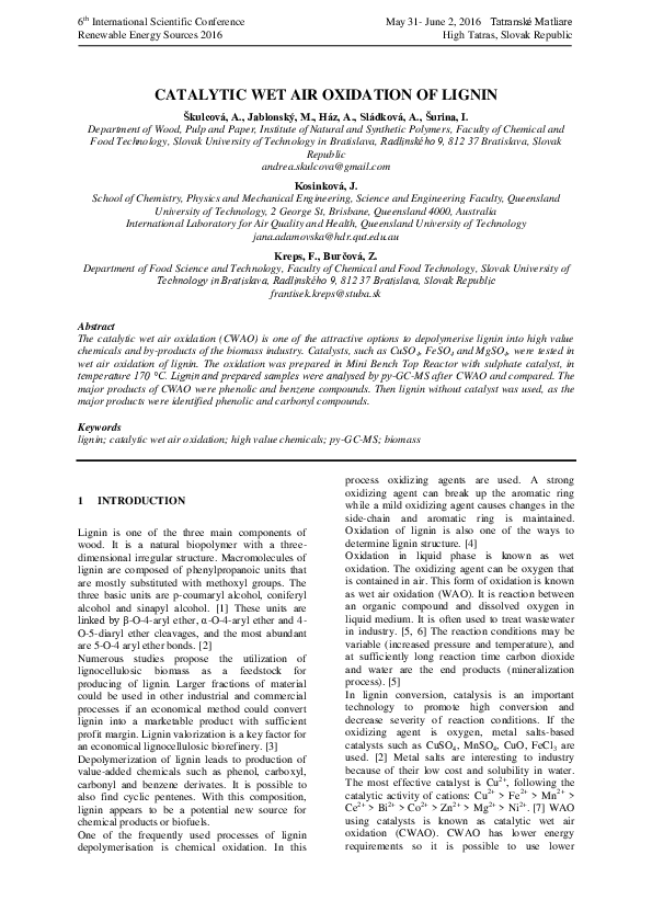 Pdf Catalytic Wet Air Oxidation Of Lignin