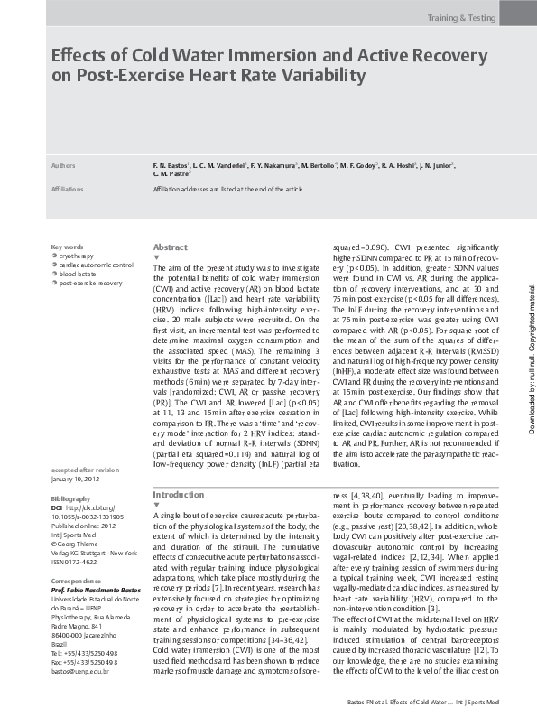 (PDF) Effects of Cold Water Immersion and Active Recovery on Post ...