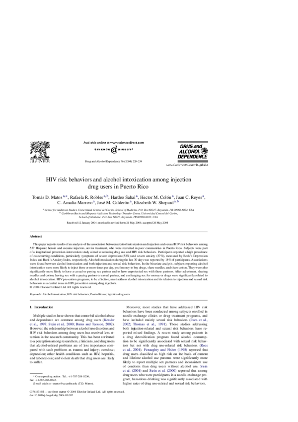 (PDF) HIV risk behaviors and alcohol intoxication among injection drug ...