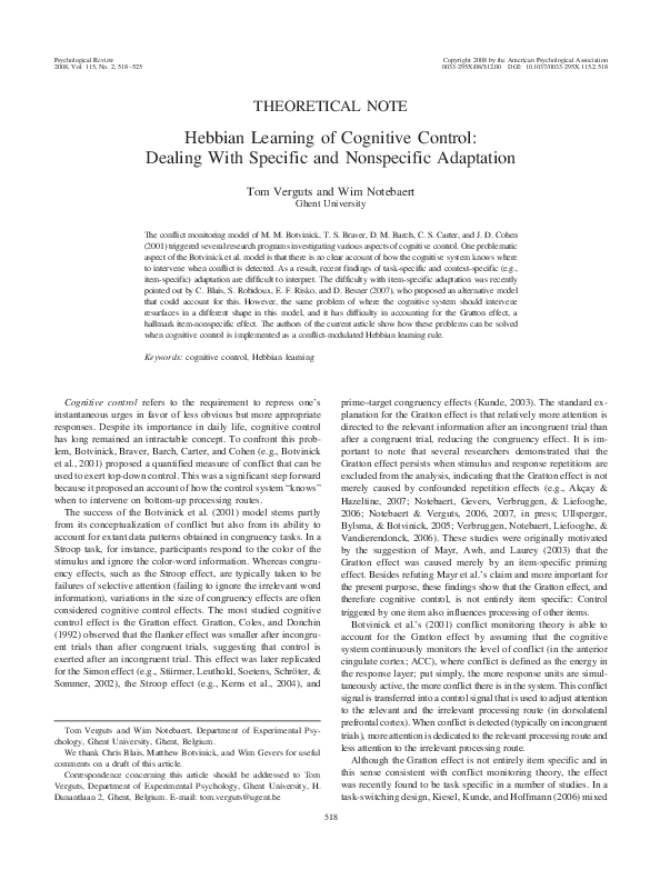 (PDF) Hebbian learning of cognitive control: Dealing with specific and ...