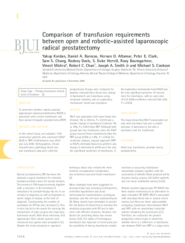 (PDF) Comparison of transfusion requirements between open and robotic ...