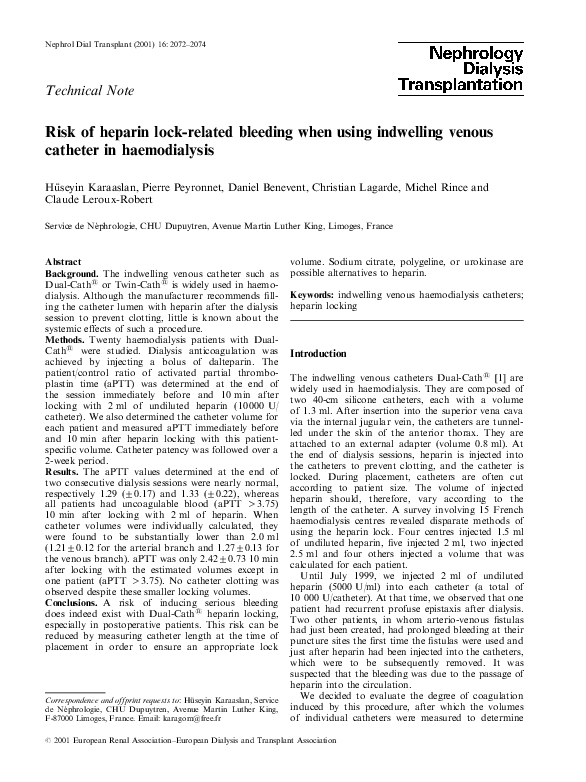 (PDF) Risk of heparin lock-related bleeding when using indwelling ...