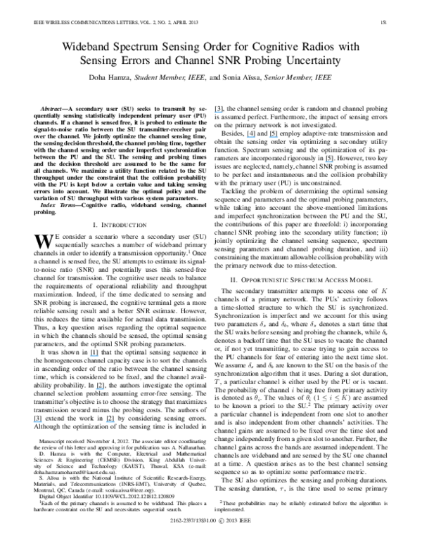 (PDF) Wideband Spectrum Sensing Order for Cognitive Radios with Sensing ...