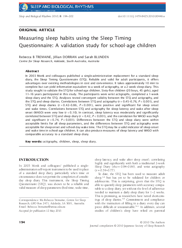 (PDF) Measuring sleep habits using the Sleep Timing Questionnaire A