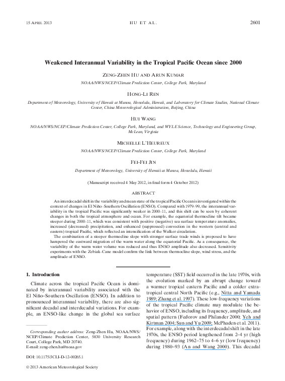 (PDF) Weakened Interannual Variability in the Tropical Pacific Ocean ...