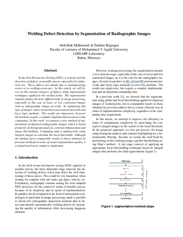 (PDF) Welding Defect Detection by Segmentation of Radiographic Images