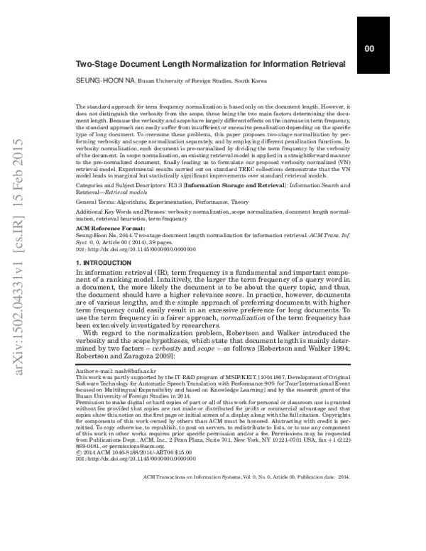 (PDF) TwoStage Document Length Normalization for Information Retrieval