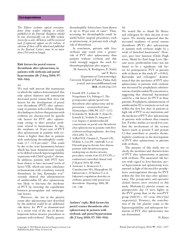 (PDF) Risk factors for portal venous thrombosis after splenectomy in patients with cirrhosis and