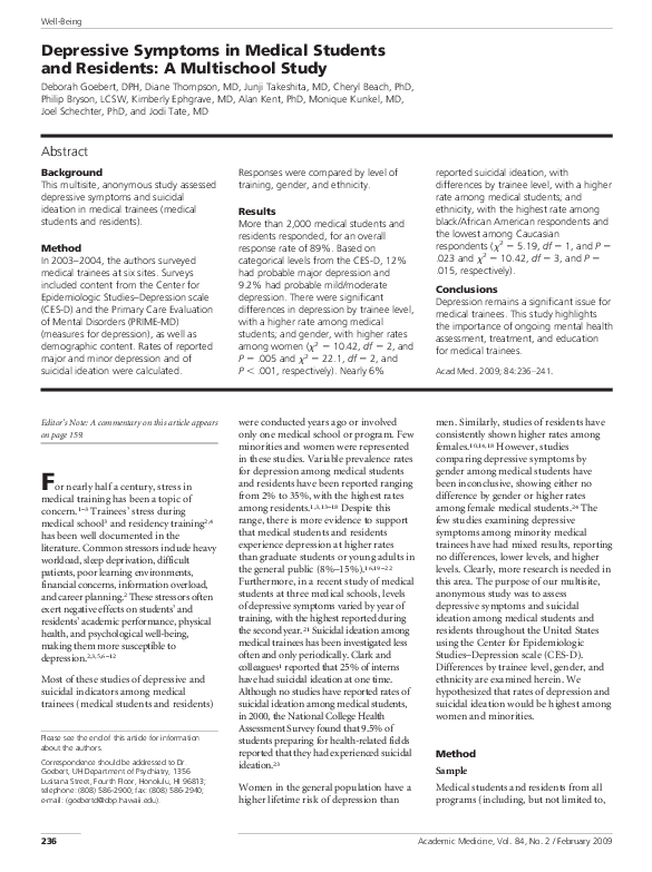 (PDF) Depressive Symptoms in Medical Students and Residents: A ...