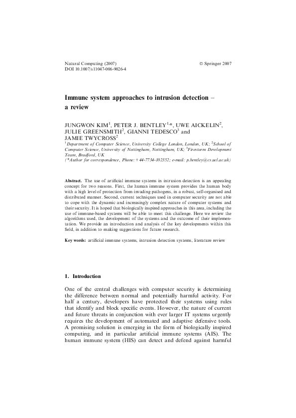 (PDF) Immune System Approaches to Intrusion Detection a Review