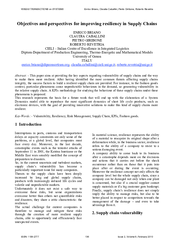 (PDF) Objectives and perspectives for improving resiliency in supply chains