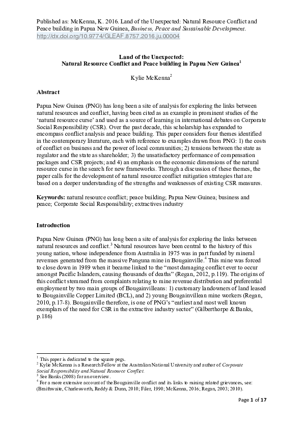 (PDF) Land of the Unexpected Natural Resource Conflict and Peace