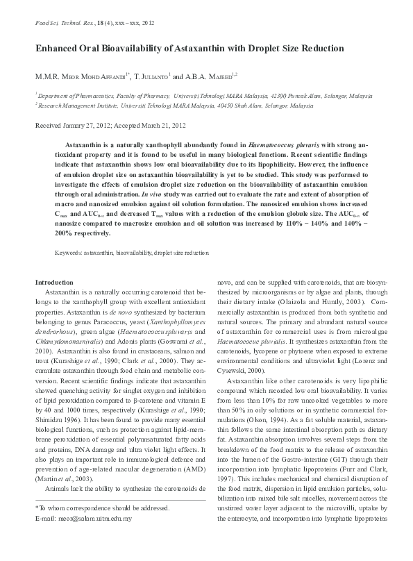 (PDF) Enhanced Oral Bioavailability of Astaxanthin with Droplet Size