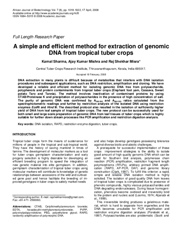(PDF) A simple and efficient method for extraction of genomic DNA from ...