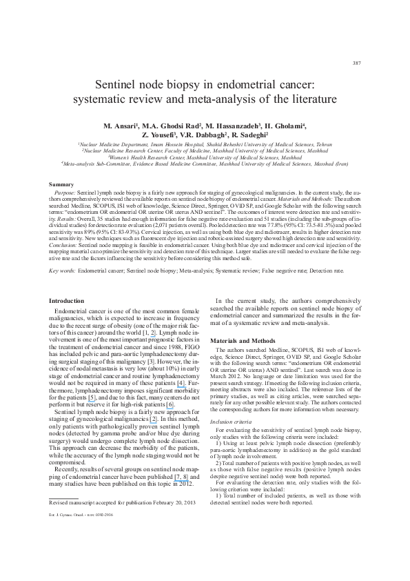 (PDF) Sentinel node biopsy in endometrial cancer: systematic review and ...