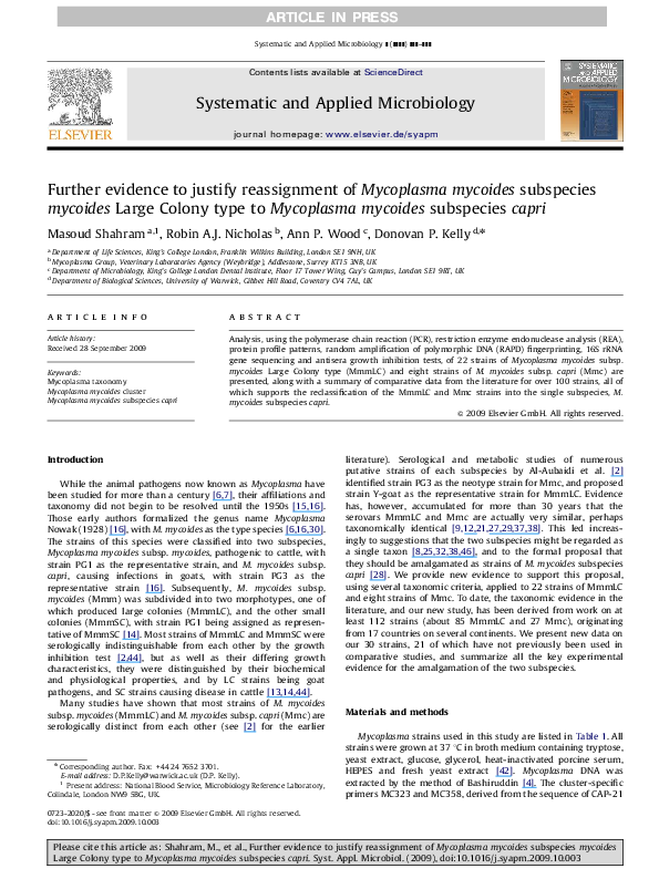 (PDF) Further evidence to justify reassignment of Mycoplasma mycoides ...