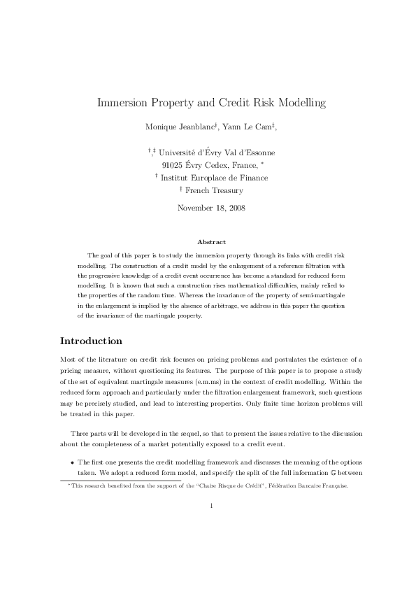  PDF Immersion Property And Credit Risk Modelling Monique Jeanblanc Academia edu