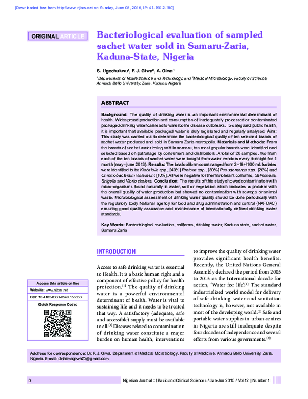 (PDF) Bacteriological evaluation of sampled sachet water sold in Samaru