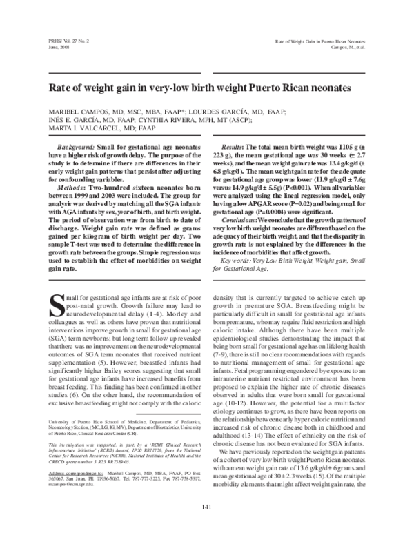 (PDF) Rate of weight gain in verylow birth weight Puerto Rican