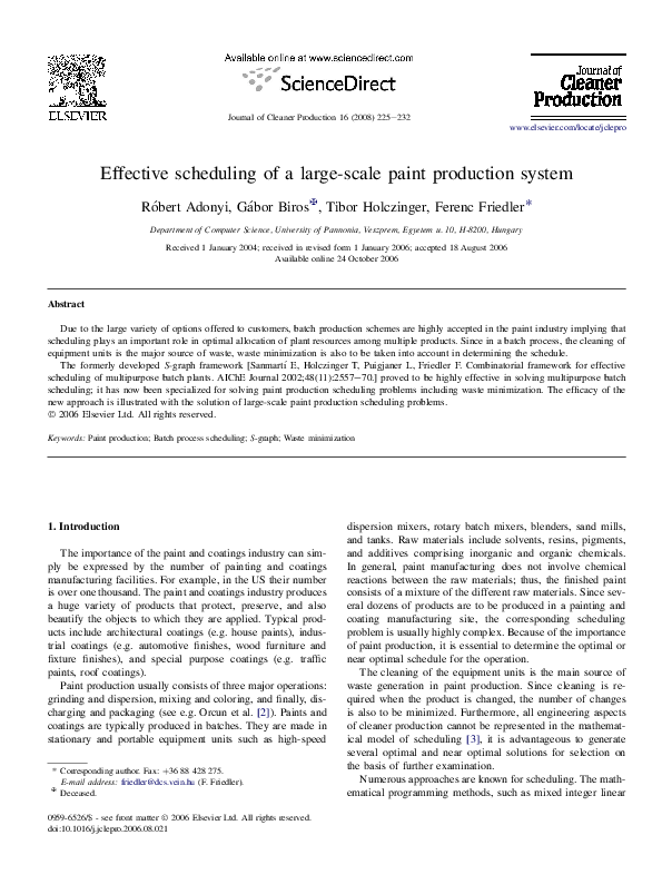 (PDF) Effective scheduling of a largescale paint production system