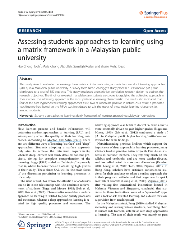 (PDF) Assessing students approaches to learning using a matrix ...