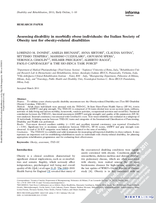 (PDF) Assessing disability in morbidly obese individuals the Italian
