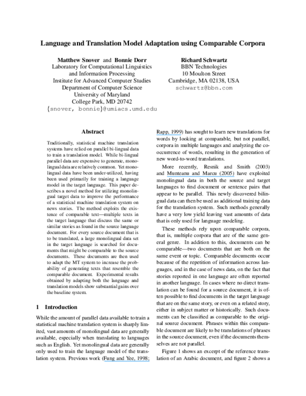 (PDF) Language and translation model adaptation using comparable corpora