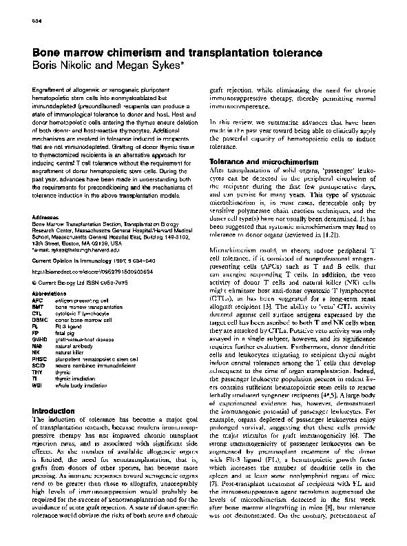 (PDF) Bone marrow chimerism and transplantation tolerance