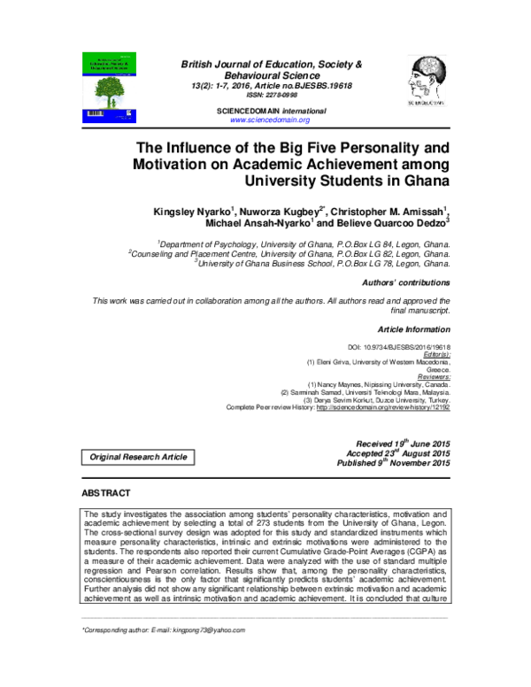 (PDF) The Influence of the Big Five Personality and Motivation on ...