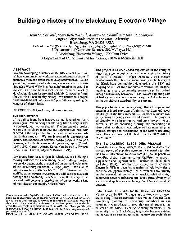 (PDF) Building a history of the Blacksburg Electronic Village Mary