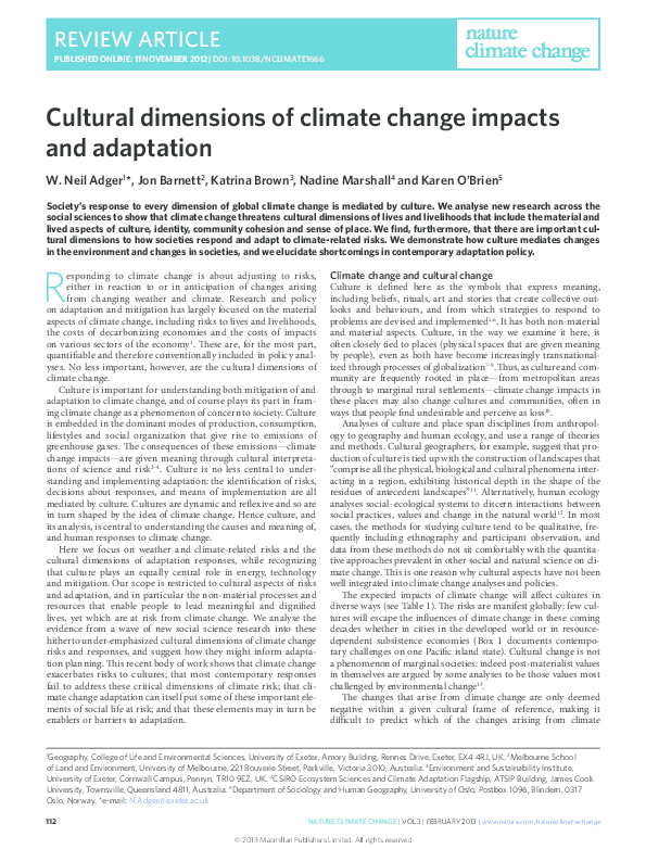 (PDF) Cultural dimensions of climate change impacts and adaptation