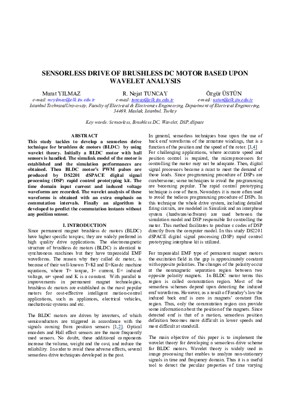 (PDF) Sensorless Drive of Brushless DC Motor Based Upon Wavelet Analysis