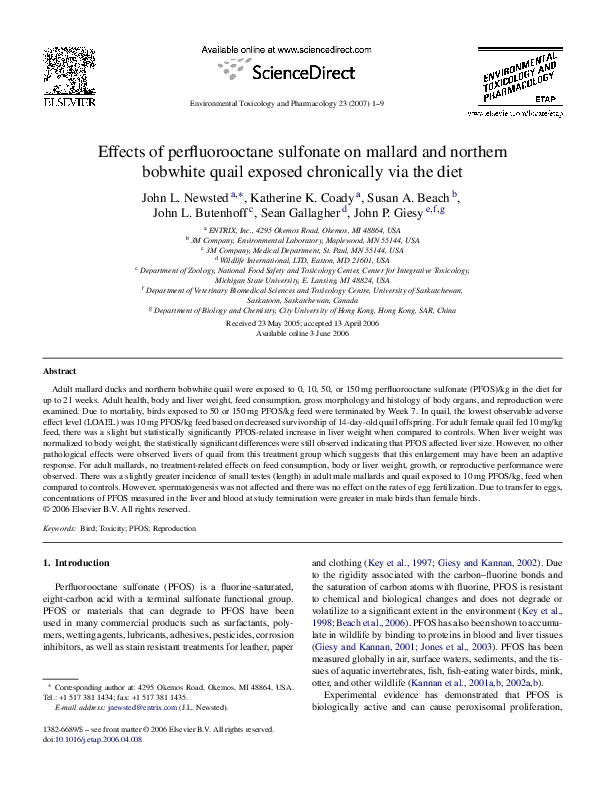 (PDF) Effects of perfluorooctane sulfonate on mallard and northern ...