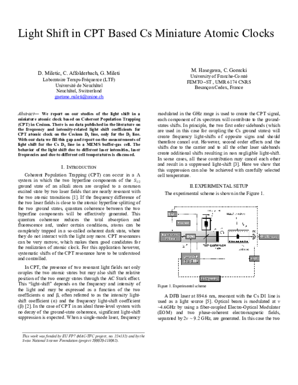 (PDF) Light shift in CPT based Cs miniature atomic clocks G. Mileti