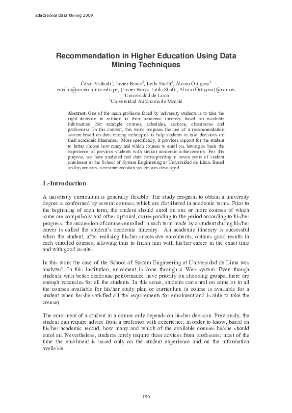 (PDF) Recommendation in higher education using data mining techniques