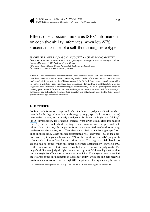 (PDF) Effects of Socioeconomic Status (SES) Information on Cognitive ...