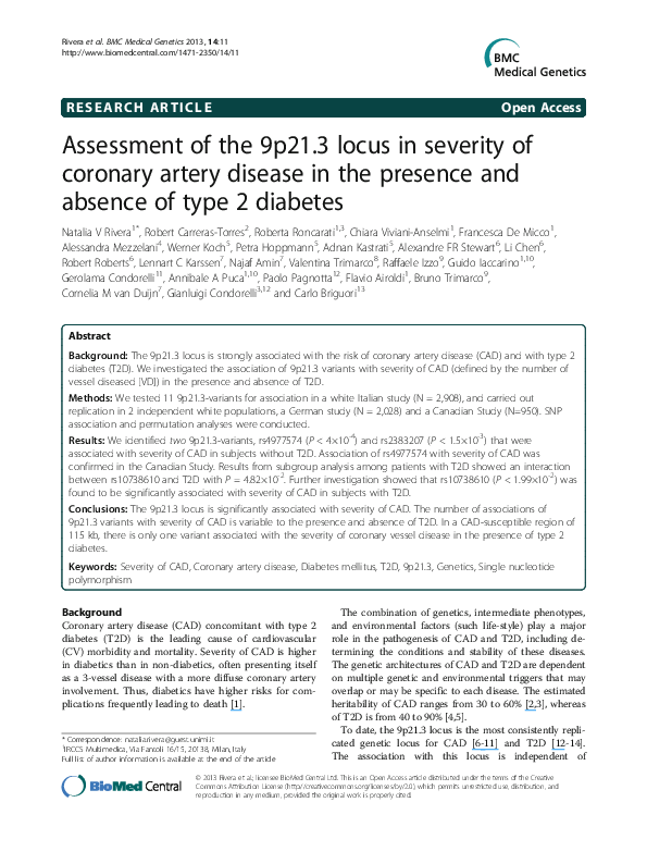 (PDF) Assessment of the 9p21. 3 locus in severity of coronary artery ...